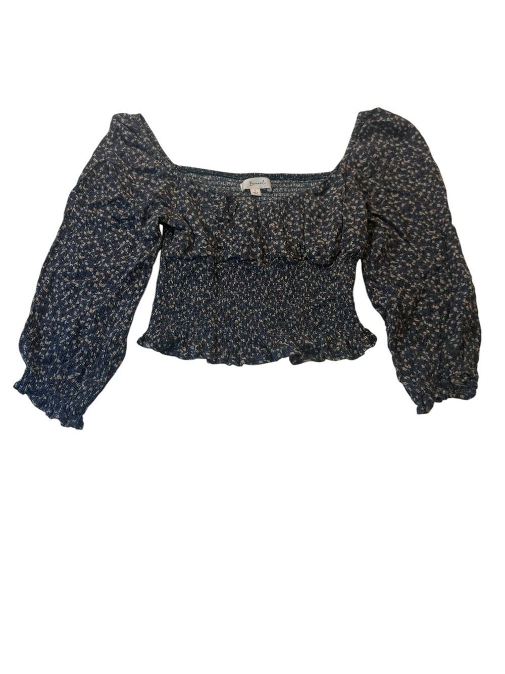 Smocked Navy Floral Square-Neck Crop Top with Puff Long Sleeves Size Small